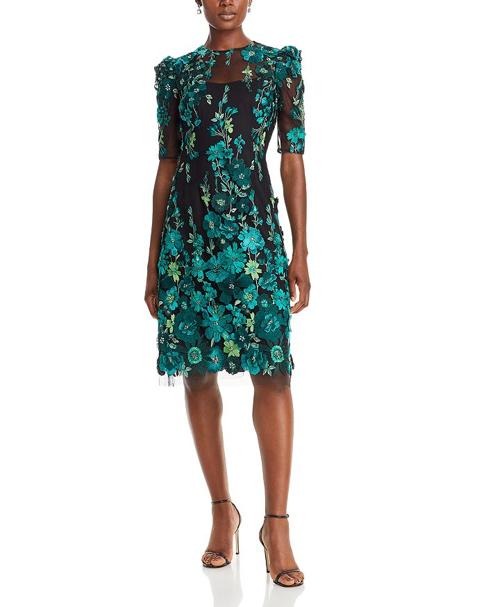 Teri Jon by Rickie Freeman 3D Floral Embroidered Elbow Sleeve Dress ...