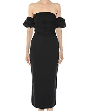 Shop Giambattista Valli Off The Shoulder Knit Midi Dress In Black