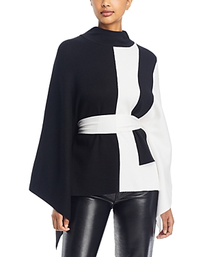 Misook Colorblocked Belted Sweater In Black/white