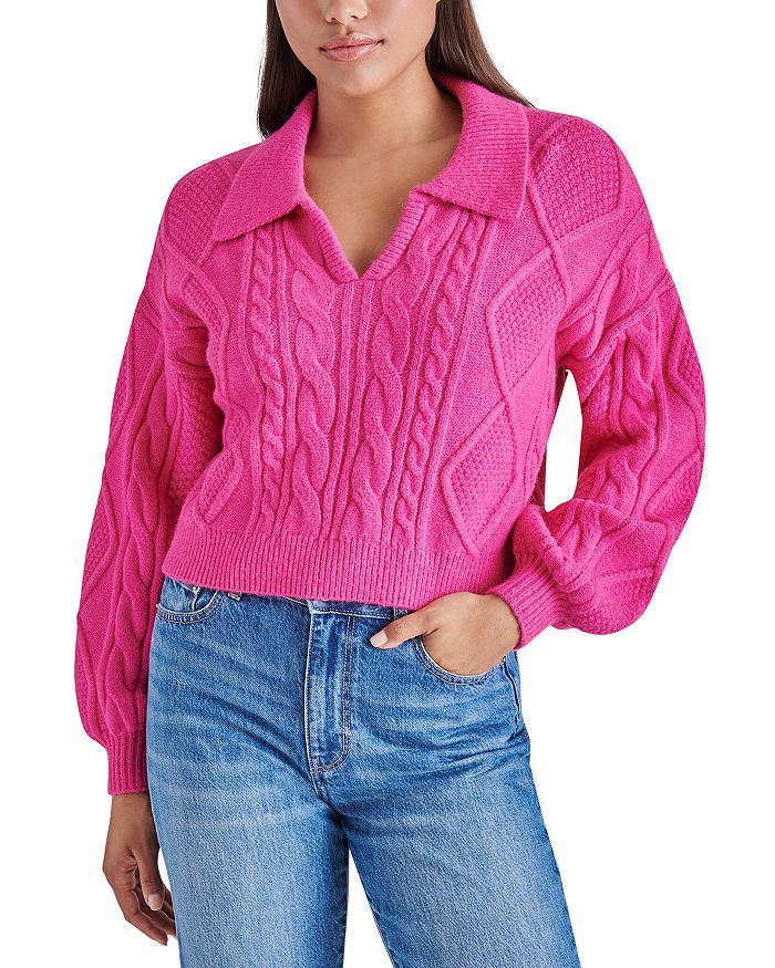 Steve Madden Cay Johnny Collar Cable Knit Sweater In Fuschia