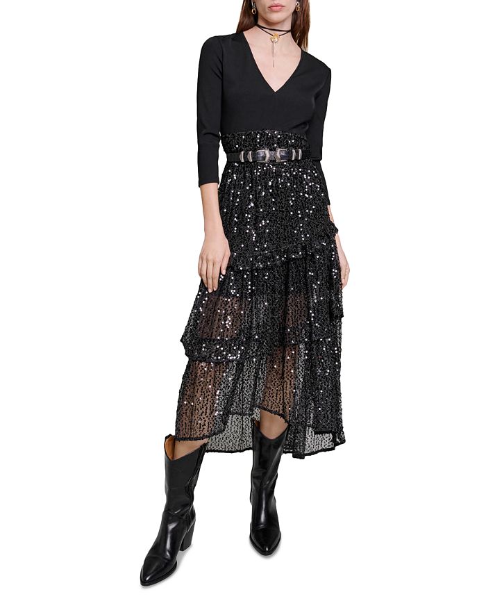 Maje Esther Mixed Media Asymmetric Maxi Dress Bloomingdale's