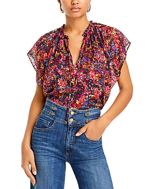 Shop Ramy Brook Melissa Split Neck Blouse In Soiree Red French Floral Burnout