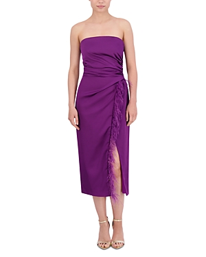Bcbgmaxazria Strapless Feather Trim Dress In Purple