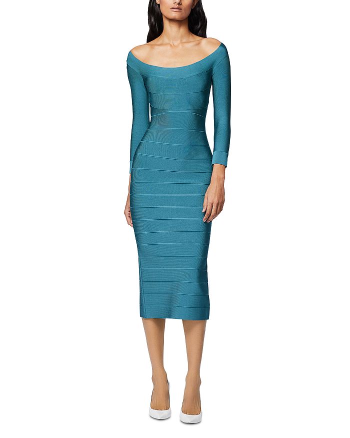 Herve Leger Off-the-shoulder Recycled Icon Midi Dress In Baltic