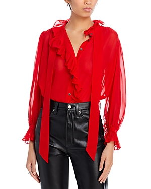 Shop Frame Sheer Ruffle Front Bow Blouse In Cherry Red
