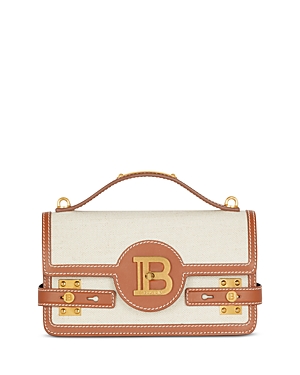 Shop Balmain B Buzz 24 Canvas Shoulder Bag In Natural Brown/gold
