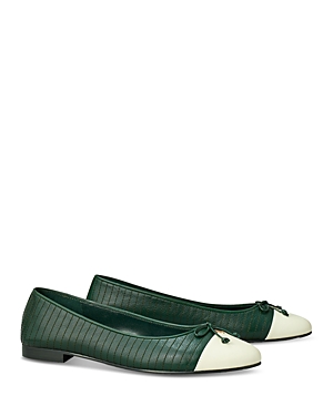 Tory Burch Multi Logo Cap Toe Elastic Ballet Womens Leather Round Toe Ballet Flats In Vintage Fern/new Ivory