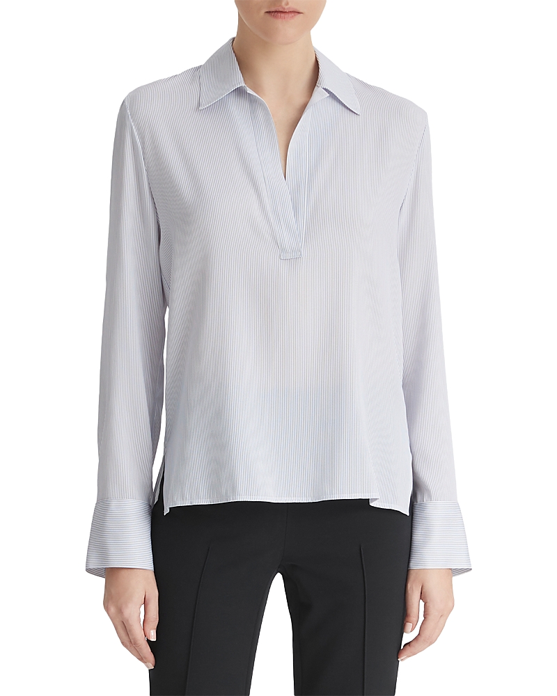 Vince Micro Stripe Silk-blend Pullover Blouse In Sky Graphic