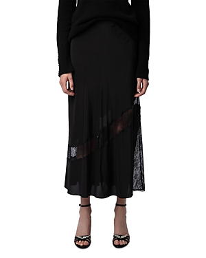 Shop Zadig & Voltaire Jaylal Lace Detail Silk Skirt In Noir