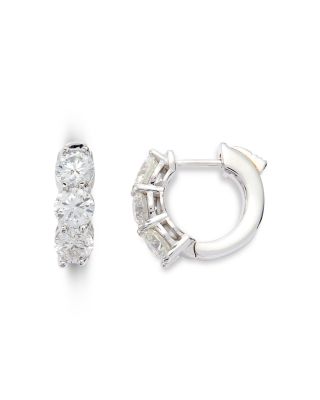 Diamond Three Stone Huggie Earrings in 14K White Gold, 2.0 tcw