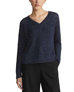 Lafayette 148 Cabled V Neck Sweater In Ink Metall