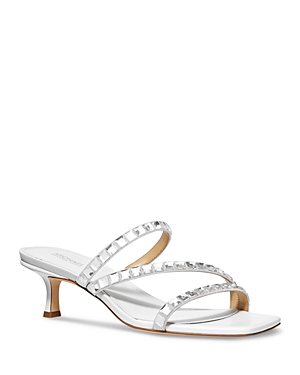 Shop Michael Kors Michael  Women's Celia Square Toe Crystal Strap Kitten Heel Sandals In Optic White