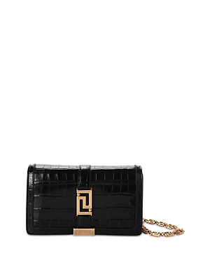 Shop Versace Greca Goddess Croc Embossed Leather Mini Bag In Black/ Gold