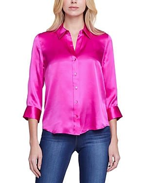 L'agence Dani Silk Satin 3/4-sleeve Button-down Blouse In Star Ruby