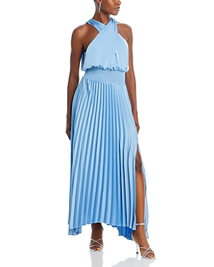Ramy Brook Arina Pleated Halter Dress In Blue Quartz