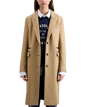 The Kooples Leather Trim Single Breasted Coat In Camel