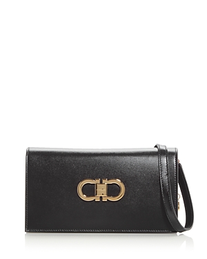 Ferragamo Double Gancini Mini Leather Shoulder Bag In Nero
