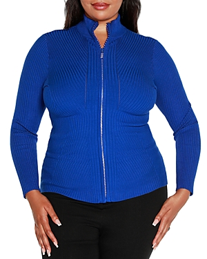 Belldini Plus Size Ribbed Mock Neck Zip Up Sweater In Cobalt