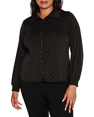 Belldini Plus Size Polka Dot Stud Button Shirt In Black
