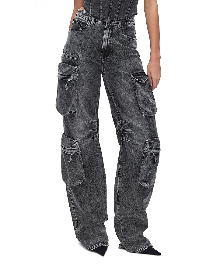 Good American High Rise Wide Leg Cargo Jeans in Black 299 | Bloomingdale's
