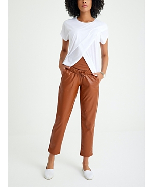 Shop Accouchée Comfy Cool Foldover Waistband Faux Leather Maternity Jogger Pants In Toffee