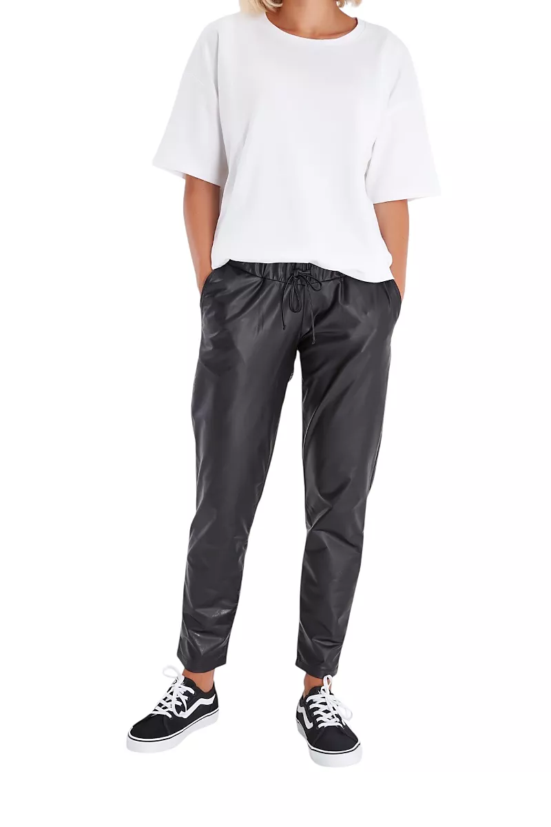 Accouchee Comfy Cool Foldover Waistband Faux Leather Maternity Jogger Pants