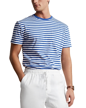 Shop Polo Ralph Lauren Cotton Jersey Stripe Classic Fit Pocket Tee In Royal Navy/white