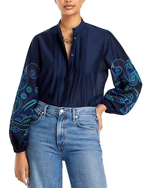 Shop Kobi Halperin Reese Silk Embroidered Sleeve Blouse In Midnight Blue