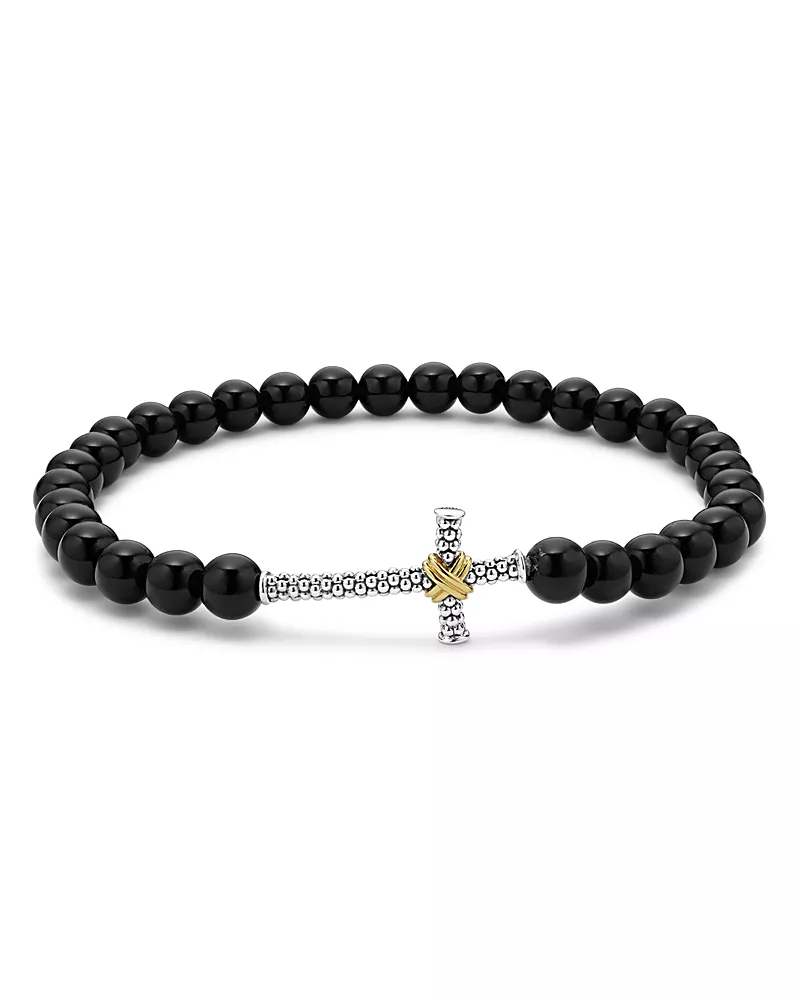 Lagos Men's 18K Yellow Gold & Sterling Silver Anthem Onyx Bead Cross Stretch Bracelet - Exclusive