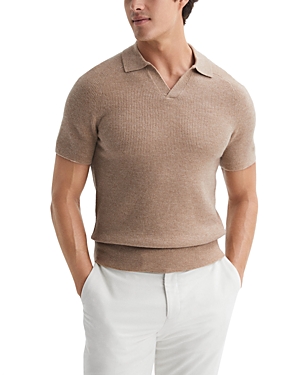 Reiss Mortimer Wool Ribbed Knit Regular Fit Polo Shirt In Camel