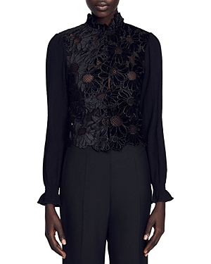 Sandro Guipure Velvet Top In Black