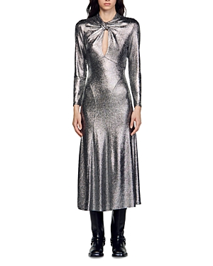 Sandro Hanna Metallic Long Sleeve Midi Dress In Silver
