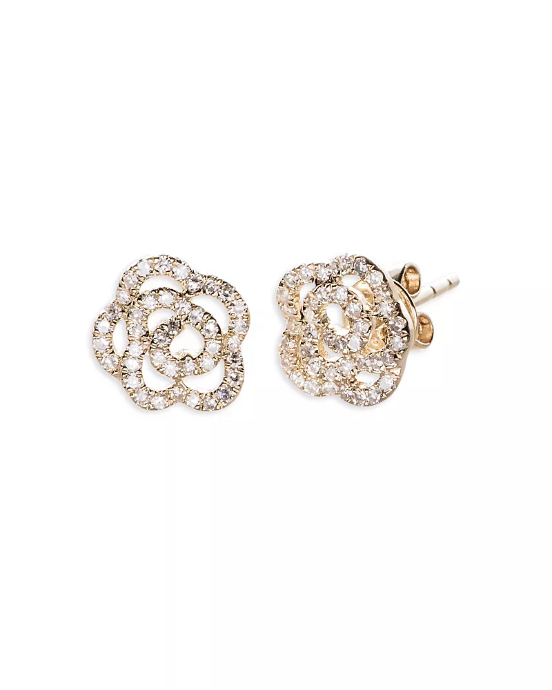 Ef Collection 14K Yellow Gold Diamond Openwork Rose Stud Earrings