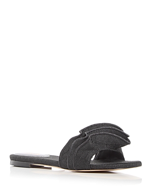 Larroude Ivy Ruffle Raffia Slide Sandal In Black
