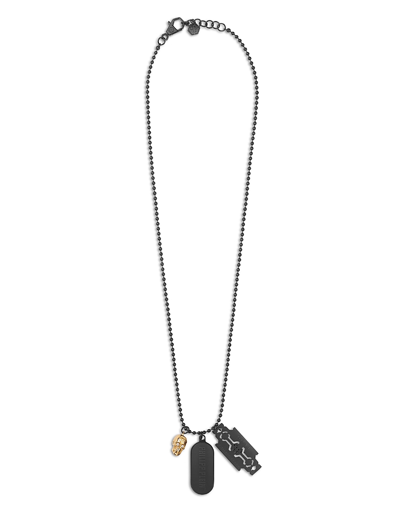 Philipp Plein Two-tone Ip Stainless Steel Logo Tag Multi-charm Pendant Necklace, 29-1/3" + 2-3/4" Extender In Black
