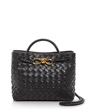 Shop Bottega Veneta Andiamo Intrecciato Woven Leather Small Shoulder Bag In Black/gold