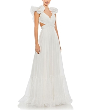 Shop Mac Duggal Ruffle Tiered Cut-out Chiffon Gown In White