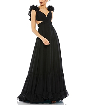Shop Mac Duggal Ruffle Tiered Cut-out Chiffon Gown In Black