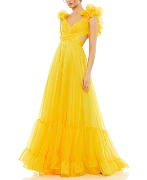 Mac Duggal Rosette Chiffon Cutout Empire Waist Gown In Sunshine