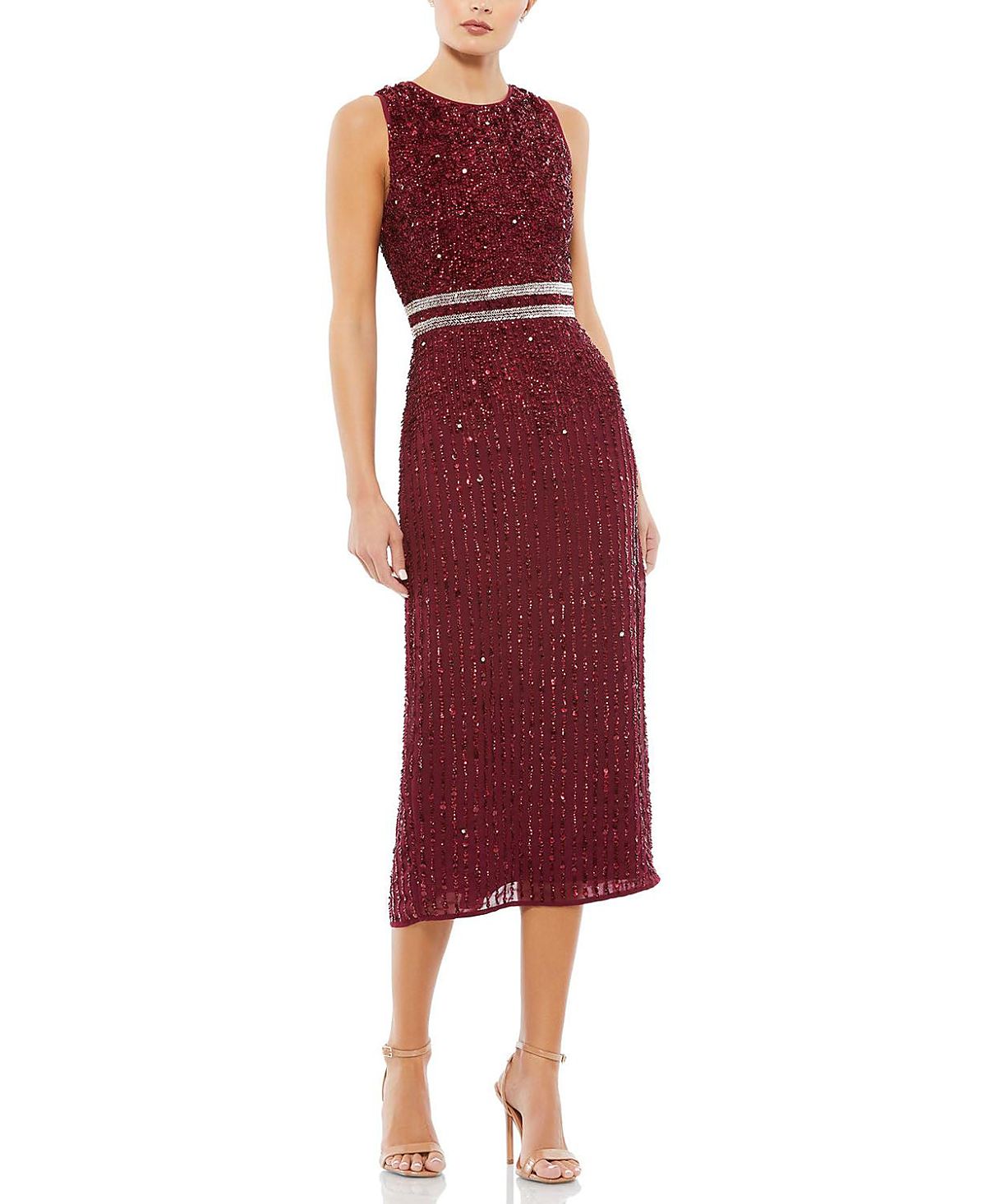 Mac Duggal Sleeveless High Neck Beaded Midi Sheath Dress