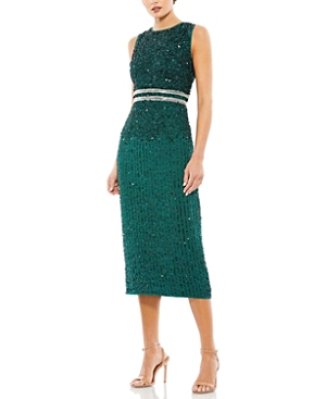 Shop Mac Duggal Sleeveless High Neck Beaded Midi Sheath Dress In Deep Emerald