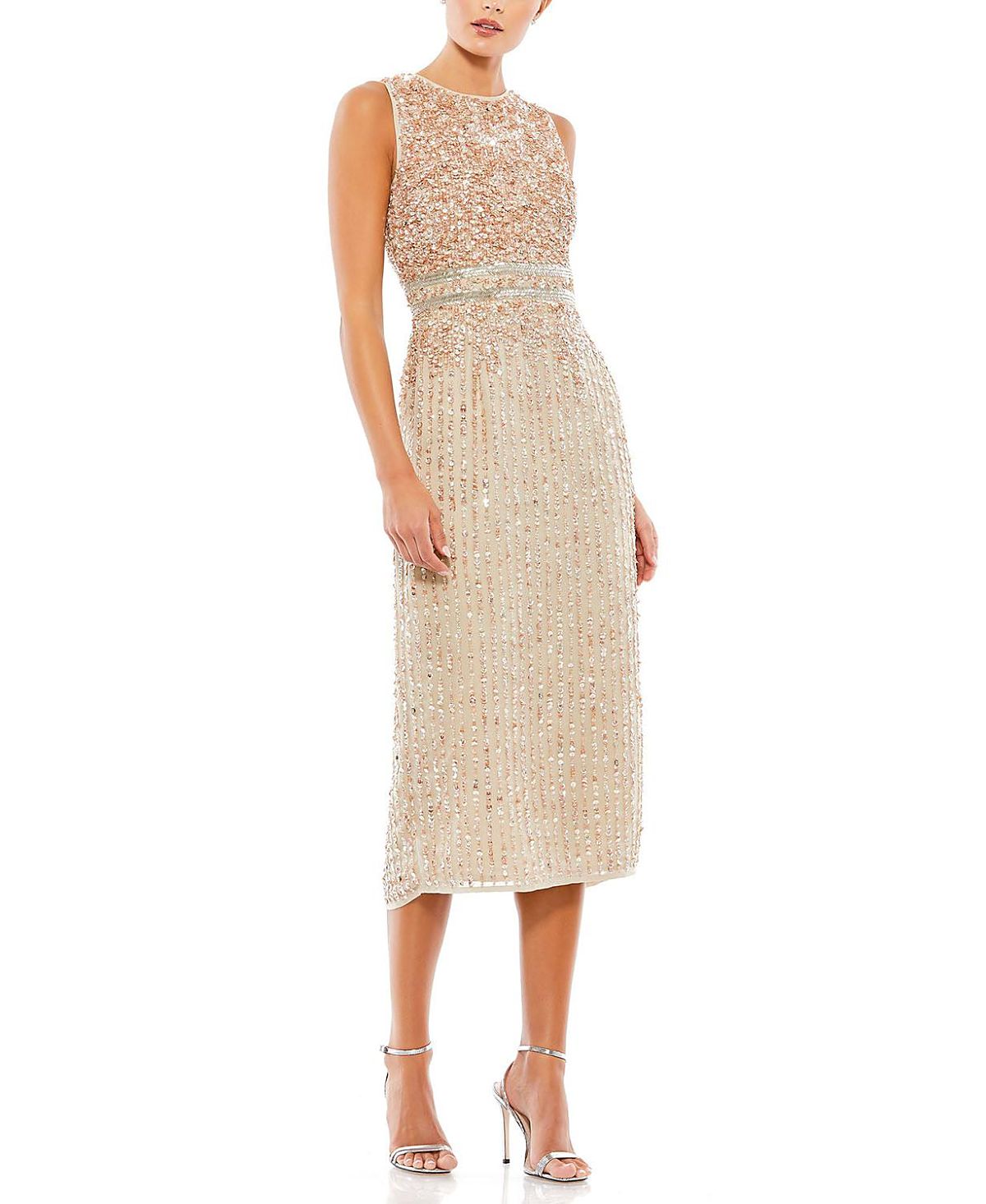 Mac Duggal Sleeveless High Neck Beaded Midi Sheath Dress