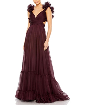 Mac Duggal Rosette Chiffon Cutout Empire Waist Gown In Bordeaux