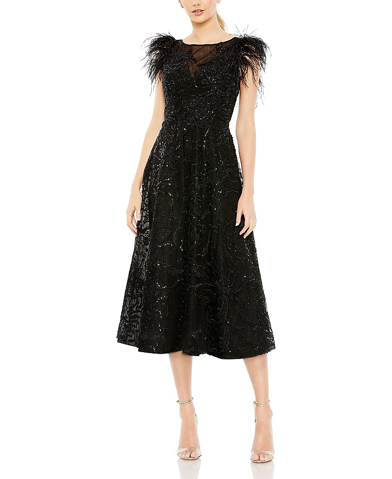 Mac Duggal 20400 Feather Sleeve Tea Length Formal Dress In Black