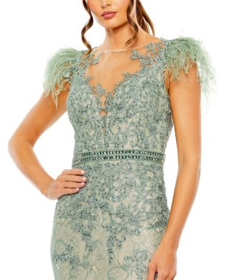 ●Mac Duggal●イリュージョンケープスリーブトランペットガウン ネイビー装飾 イリュージョンケープスリーブ トランペットガウン