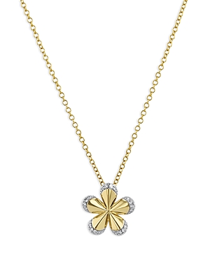 14K Yellow Gold Diamond Petal Pave Edge Forget Me Not Small Necklace, 16-18