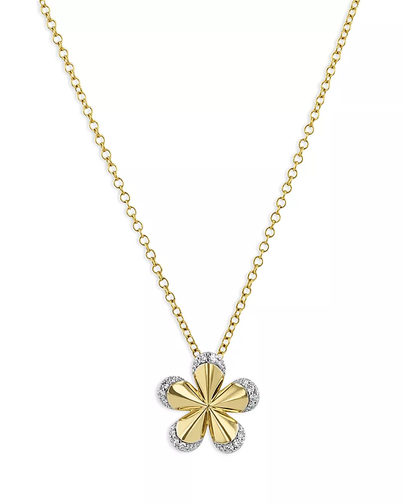 Phillips House 14K Yellow Gold Diamond Petal Pave Edge Forget Me Not Small Necklace, 16