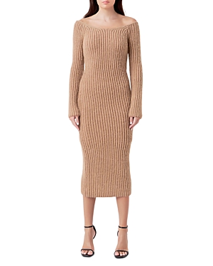 Endless Rose Long Sleeve Off The Shoulder Rib Midi Sweater Dress In Camel