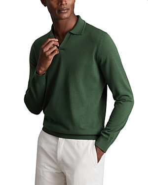 Reiss Milburn Wool Sweater Knit Slim Fit Open Collar Polo Shirt In Hunting Green