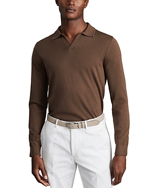Shop Reiss Milburn Wool Sweater Knit Slim Fit Open Collar Polo Shirt In Pecan Brown